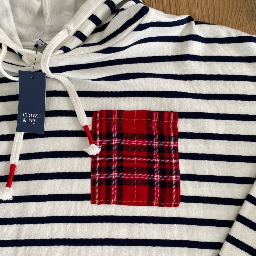 Crown & Ivy Striped Hoodie with Red Plaid Accent size large NWT - Picture 4 of 7
